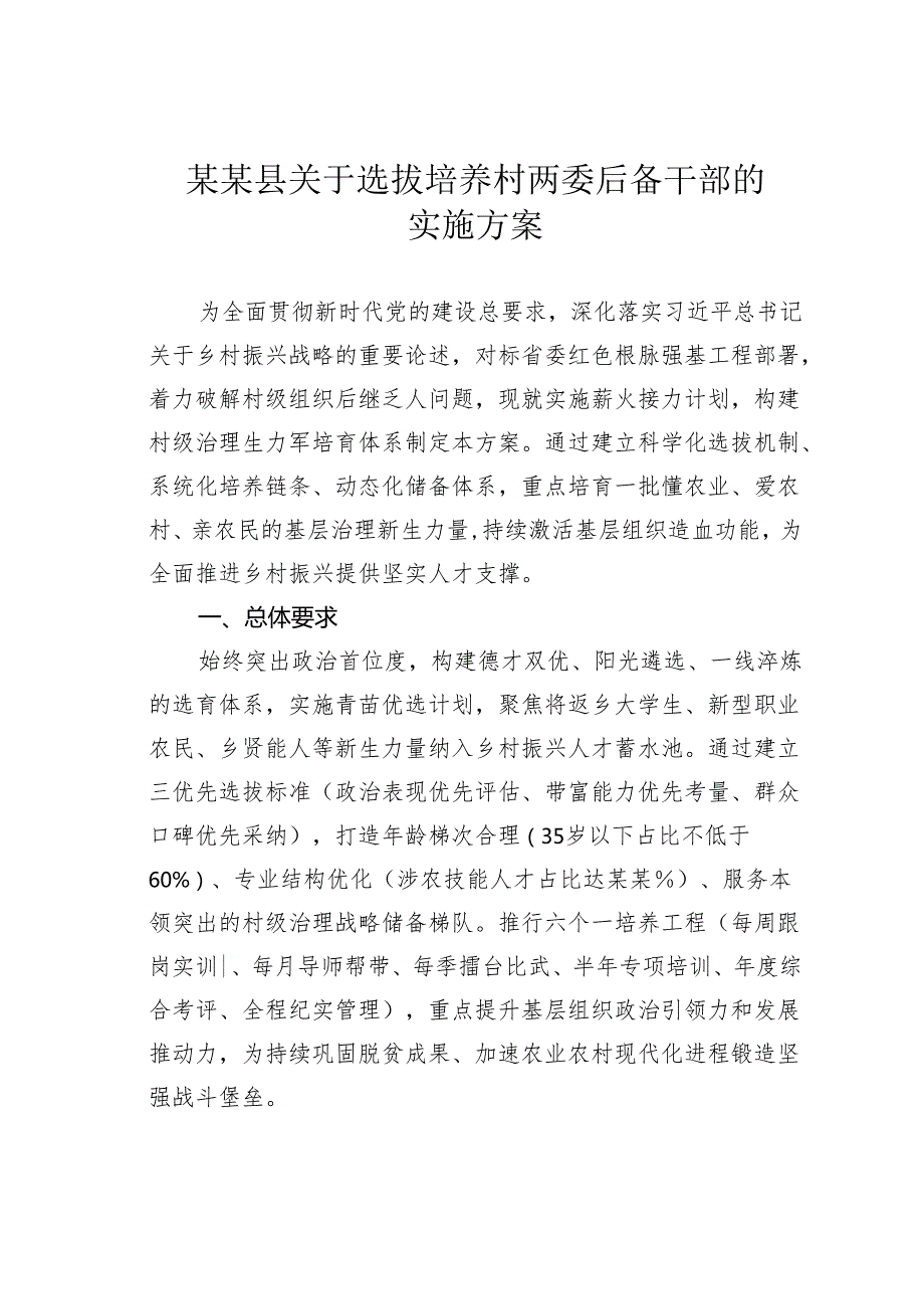 某某县关于选拔培养村两委后备干部的实施方案.docx_第1页