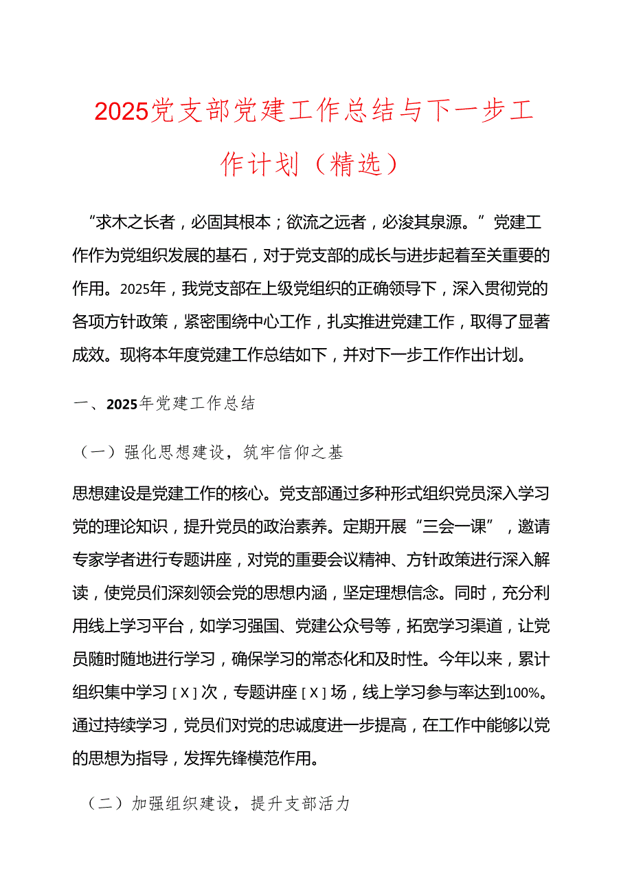 2025 党支部党建工作总结与下一步工作计划（精选）.docx_第1页