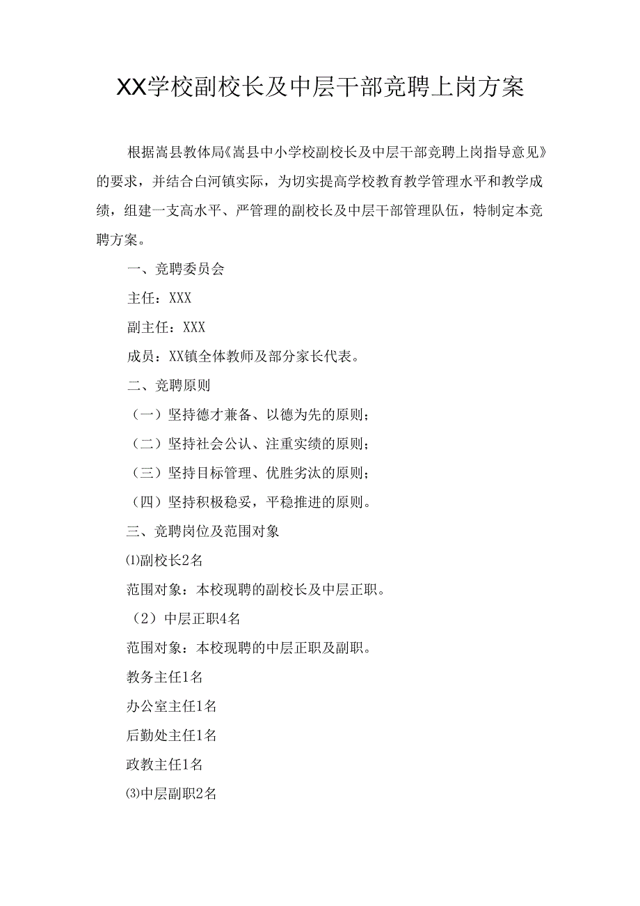XX学校副校长及中层干部竞聘上岗方案.docx_第1页