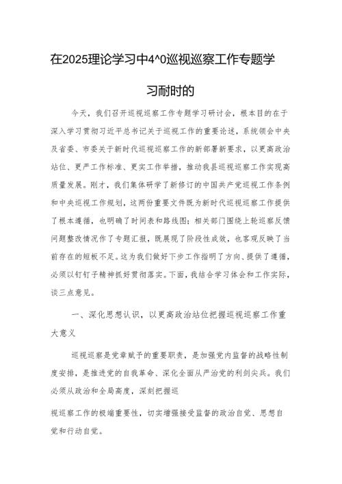 在2025理论学习中心组巡视巡察工作专题学习研讨时的发言范文.docx
