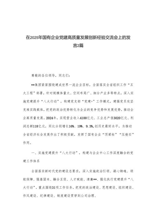 在2025年国有企业党建高质量发展创新经验交流会上的发言2篇.docx