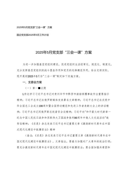2025年5月党支部“三会一课”方案+国企党支部2025年5月工作计划.docx