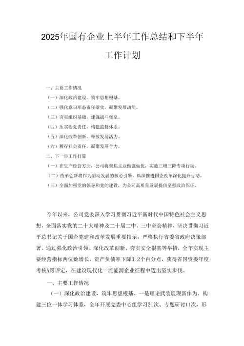 2025年国有企业上半年工作总结和下半年工作计划.docx
