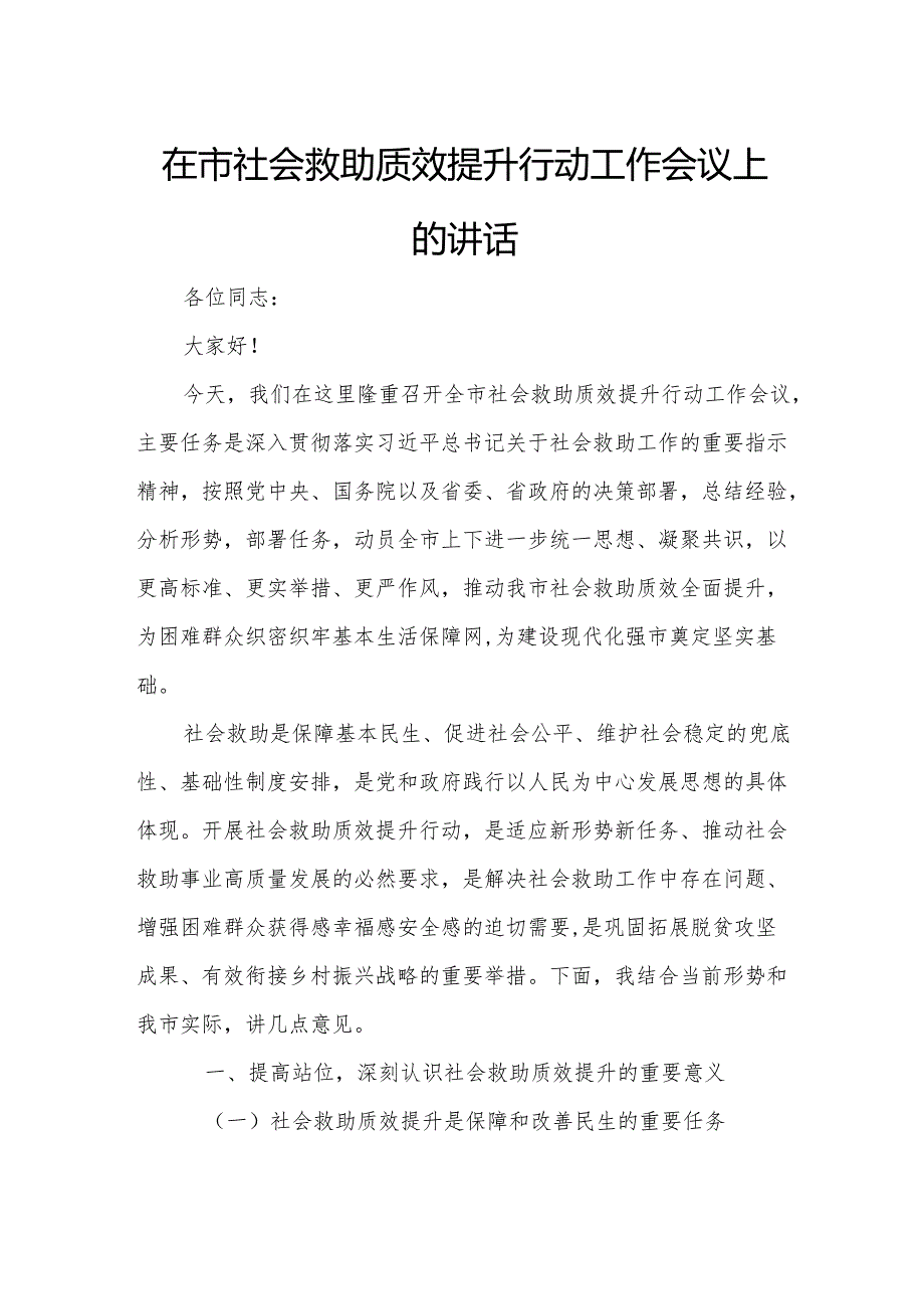 在市社会救助质效提升行动工作会议上的讲话.docx_第1页