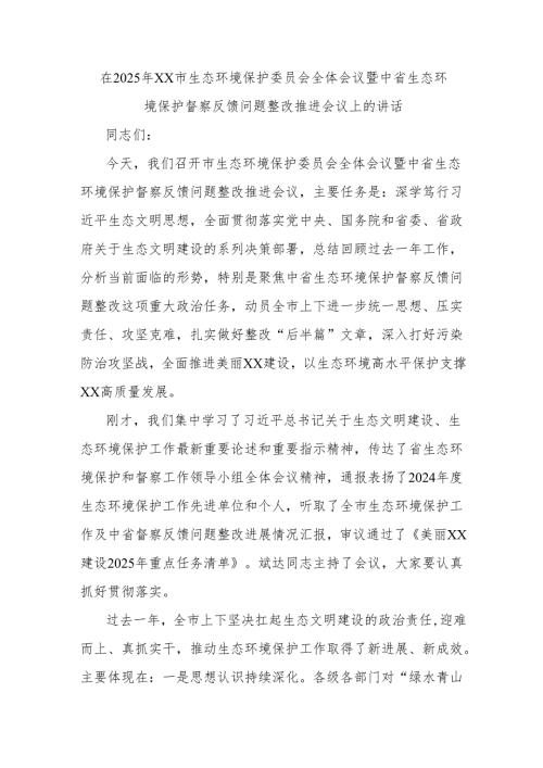 在2025年xx市生态环境保护委员会全体会议暨中省生态环境保护督察反馈问题整改推进会议上的讲话.docx