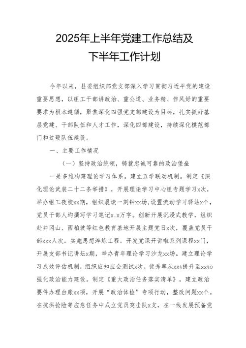 开展2025年上半年《党建工作总结》及下半年工作计划（4份）.docx