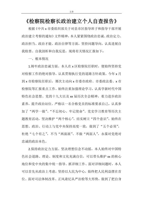 检察院检察长政治建设个人自查报告.doc