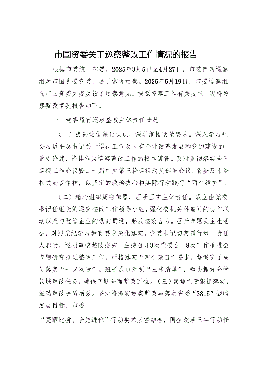 市国资委关于巡察整改工作情况的报告.docx_第1页