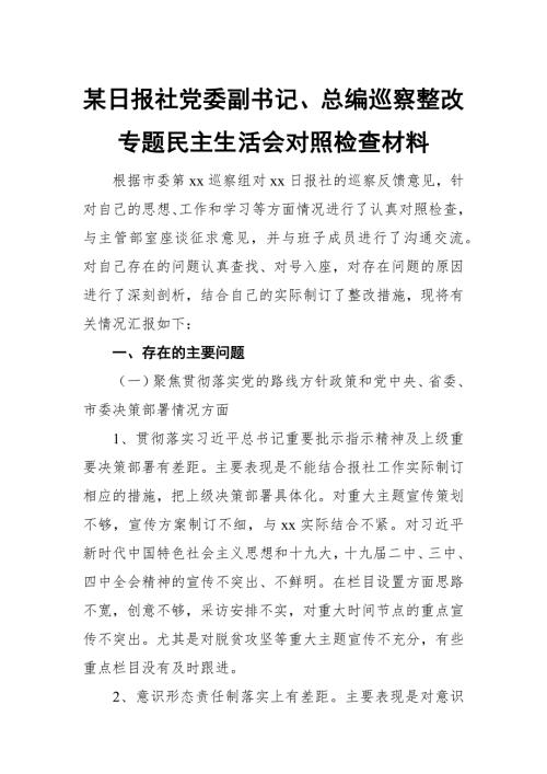 某日报社党委副书记总编巡察整改专题民主生活会对照检查材料.docx