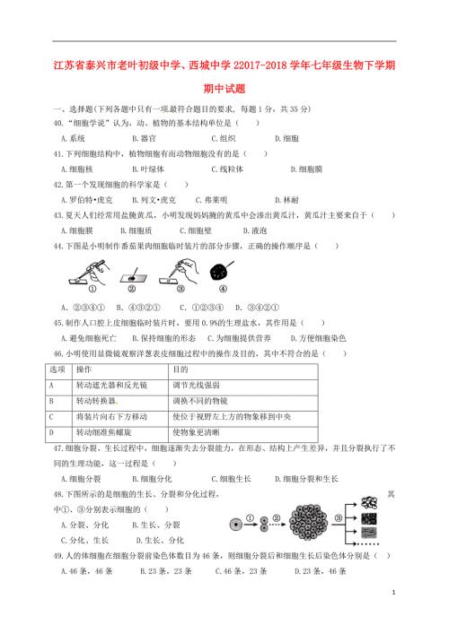 江苏省泰兴市老叶初级中学西城中学七年级生物下学期期中试题新人教版.doc