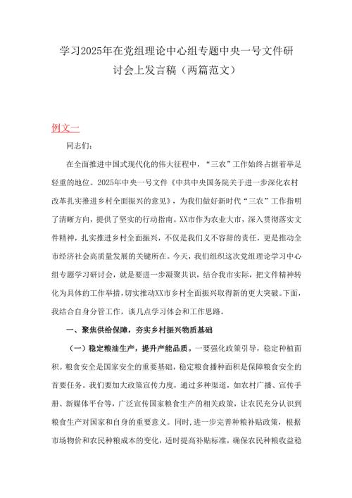 学习2025年在党组理论中心组专题中央一号文件研讨会上发言稿（两篇范文）.docx