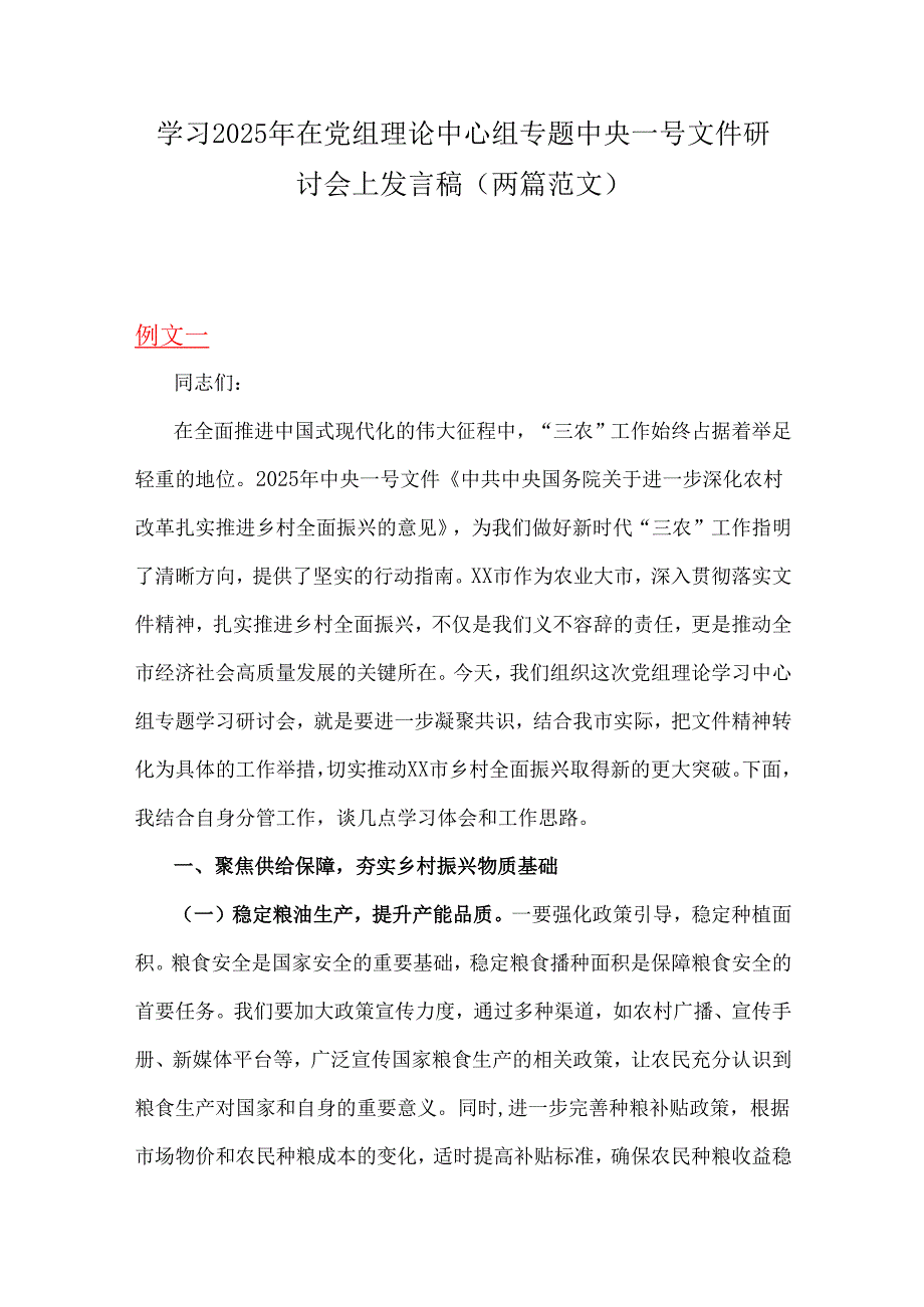 学习2025年在党组理论中心组专题中央一号文件研讨会上发言稿（两篇范文）.docx_第1页