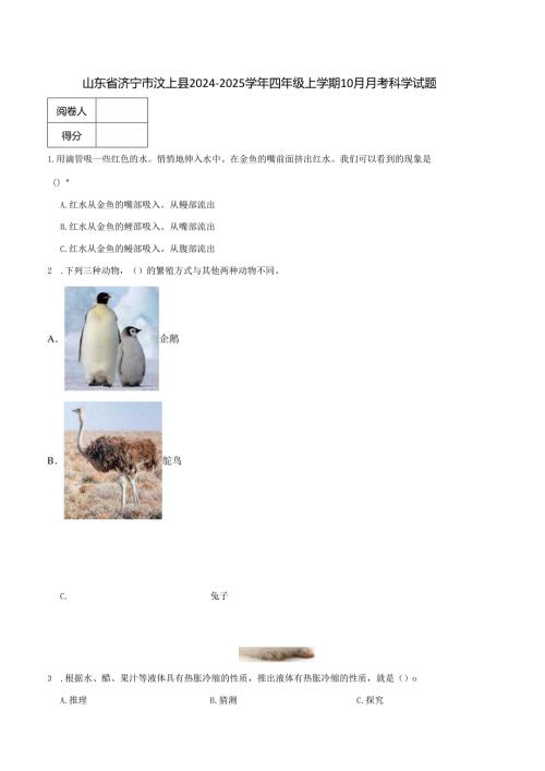 山东省济宁市汶上县2024-2025学年四年级上学期10月月考科学试题.docx
