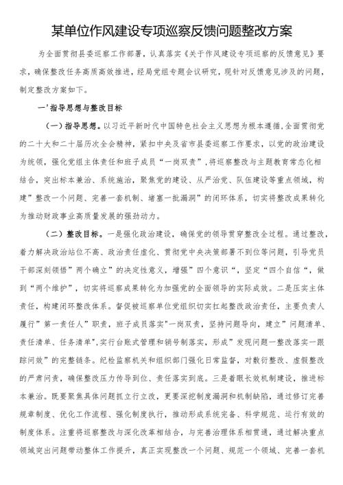 单位作风建设专项巡察反馈问题整改方案.docx