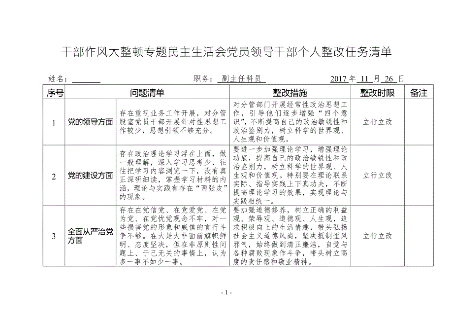 干部作风大整顿专题民主生活会党员领导干部个人整改任务清单.doc_第1页