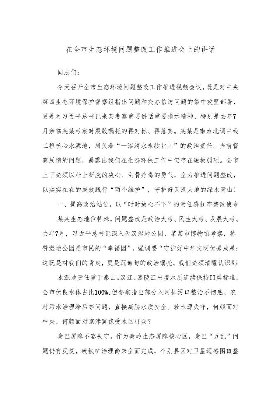 在全市生态环境问题整改工作推进会上的讲话.docx_第1页