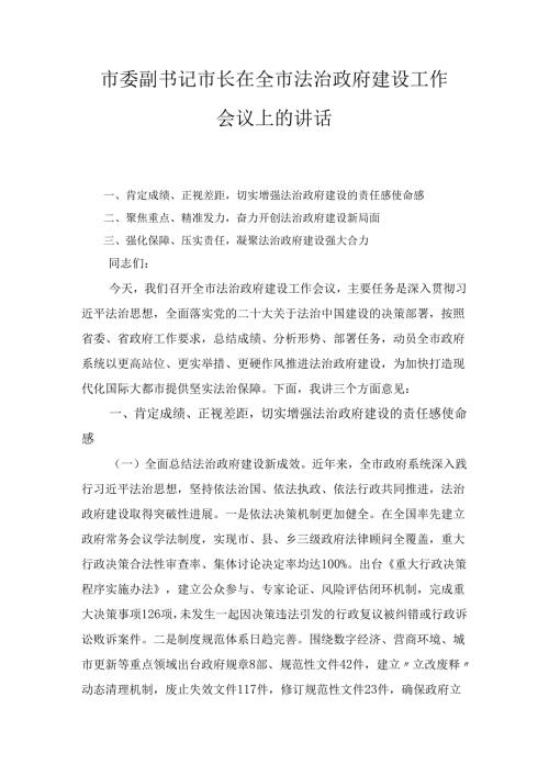 市委副书记市长在全市法治政府建设工作会议上的 讲话.docx