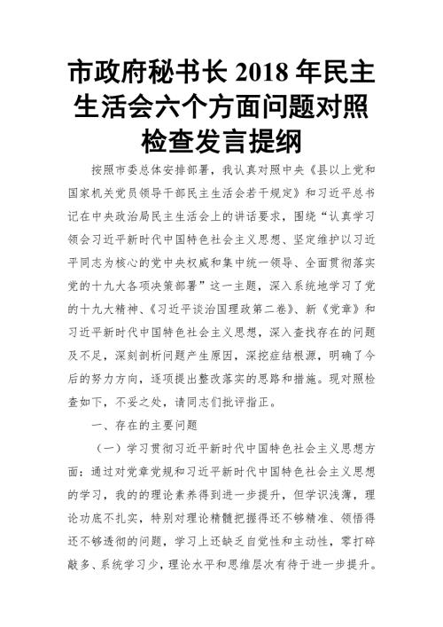 市政府秘书长民主生活会六个方面问题对照检查发言提纲.doc