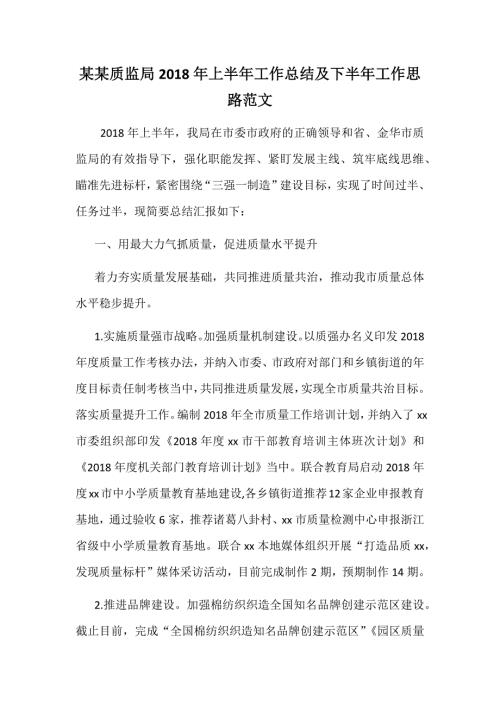 某某质监局上半年工作总结及下半年工作思路范文.docx