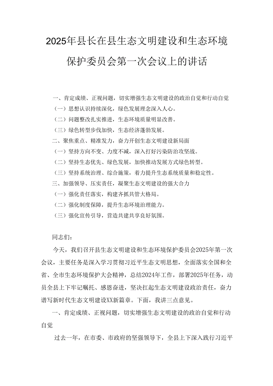 2025年县长在县生态文明建设和生态环境保护委员会第一次会议上的讲话.docx_第1页