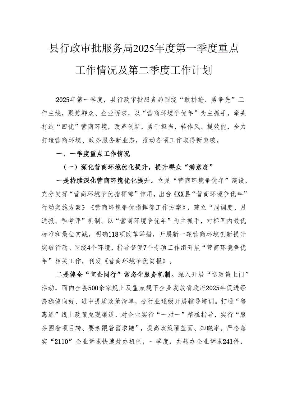 县行政审批服务局2025第一季度重点工作情况及第二季度工作计划.docx_第1页