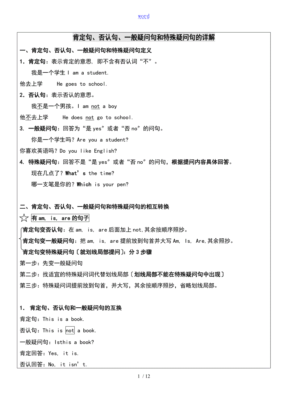 小学英语四种基本句型肯定句否定句一般疑问句与特殊疑问句.doc_第1页