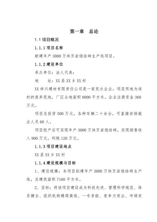 新建年产3000万块页岩烧结砖生产线项目可行性研究报告.doc