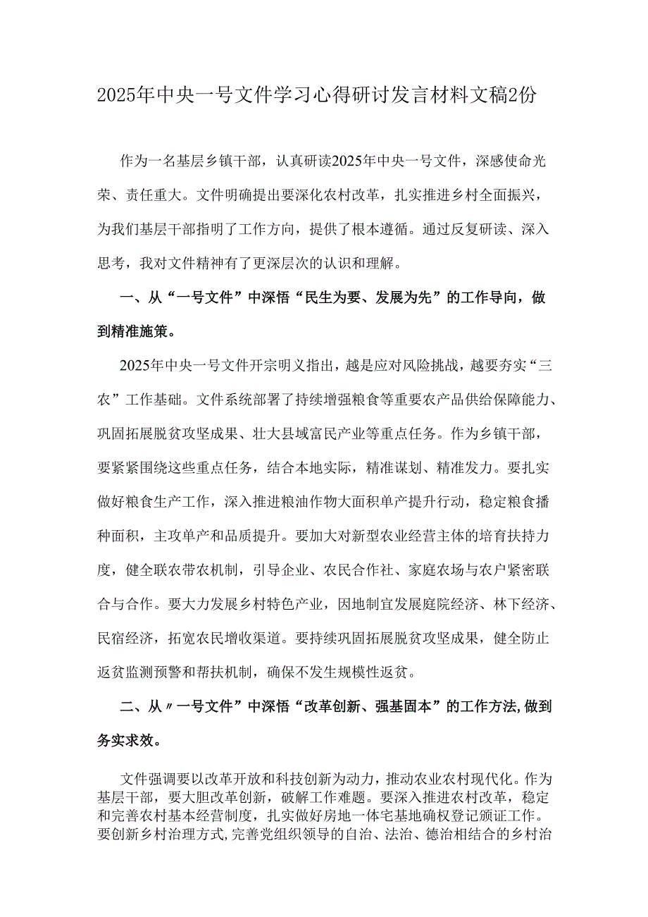 2025年中央一号文件学习心得研讨发言材料文稿2份.docx_第1页