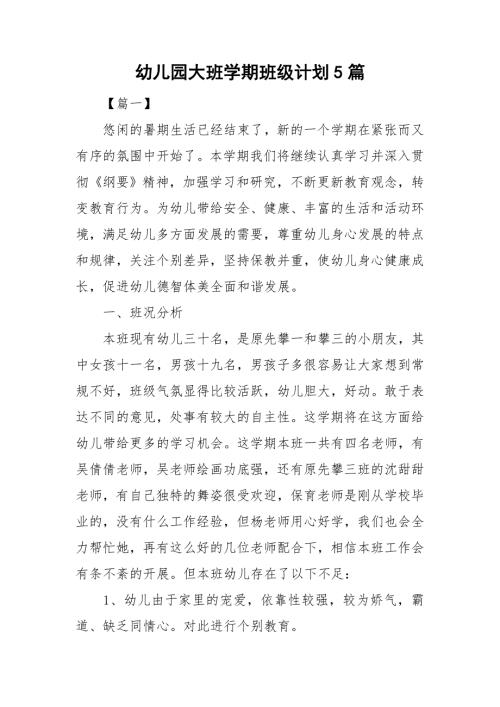 幼儿园大班学期班级计划5篇.doc