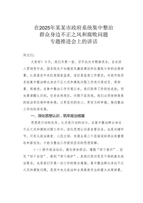 在2025年某某市政府系统集中整治群众身边不正之风和腐败问题专题推进会上的讲话.docx