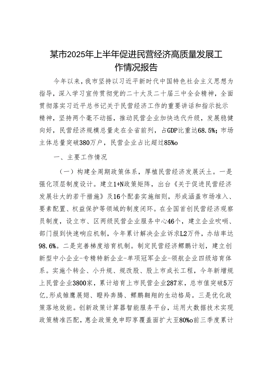 某市2025年上半年促进民营经济高质量发展工作情况报告.docx_第1页
