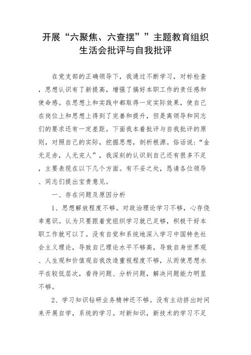 开展六聚焦六查摆主题教育组织生活会批评与自我批评.docx