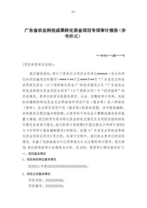 广东省农业科技成果转化资金项目专项审计报告参考样式.doc