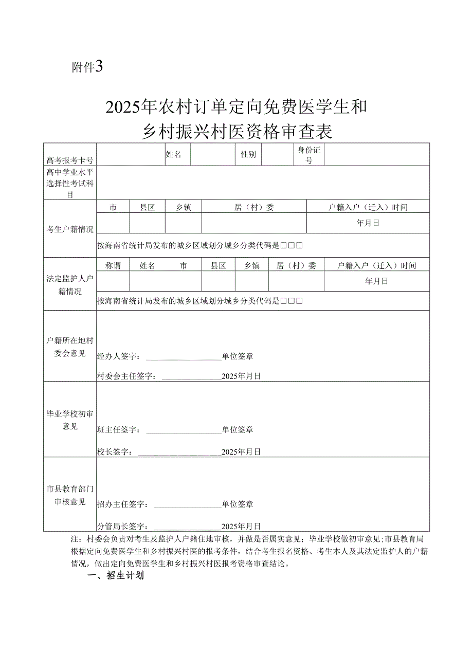 海南2025年农村订单定向免费医学生和乡村振兴村资格审查表.docx_第1页