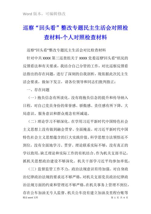 巡察回头看整改专题民主生活会对照检查材料.docx