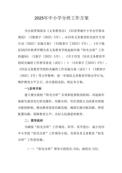 开展2025年《中小学分班》工作实施方案 （6份）.docx