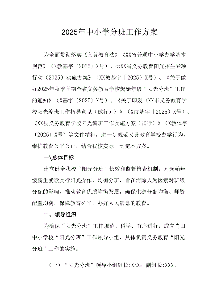 开展2025年《中小学分班》工作实施方案 （6份）.docx_第1页