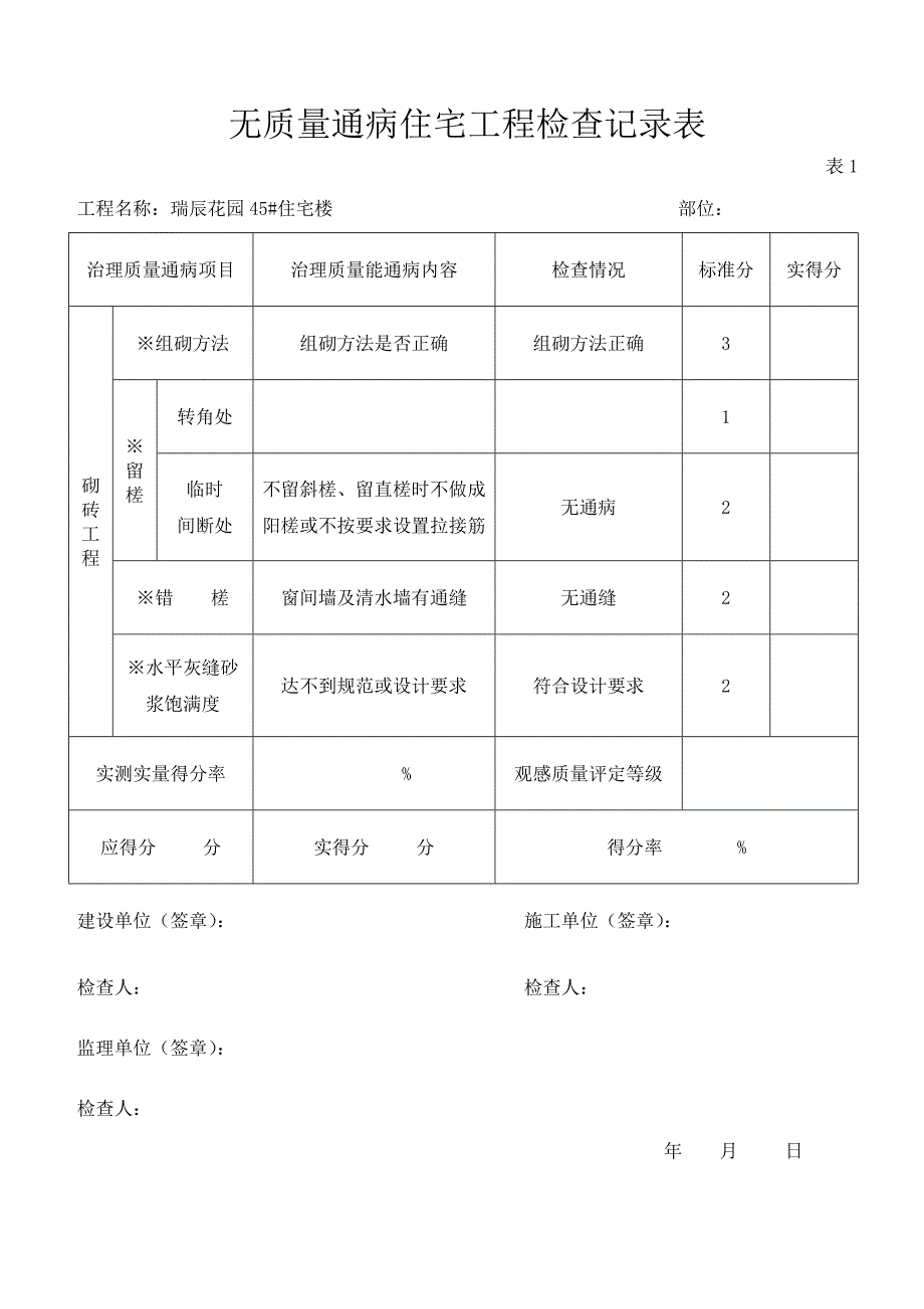 无质量通病住宅工程检查记录表.doc_第1页