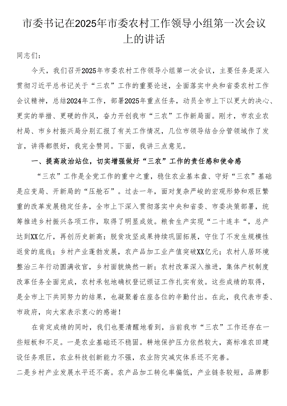 市委书记在2025年市委农村工作领导小组第一次会议上的讲话.docx_第1页