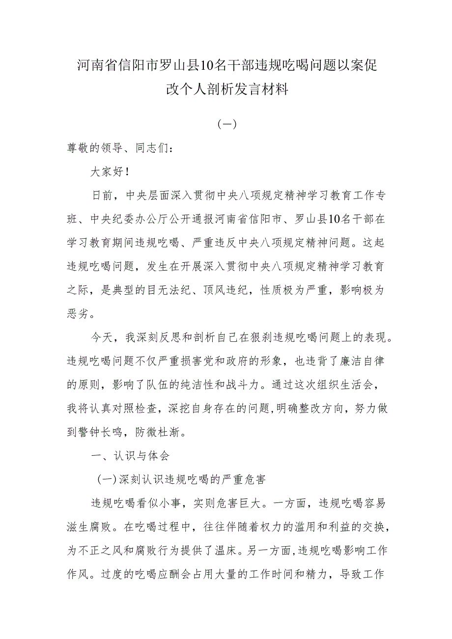 河南省信阳市罗山县10名干部违规吃喝问题以案促改个人剖析发言材料.docx_第1页