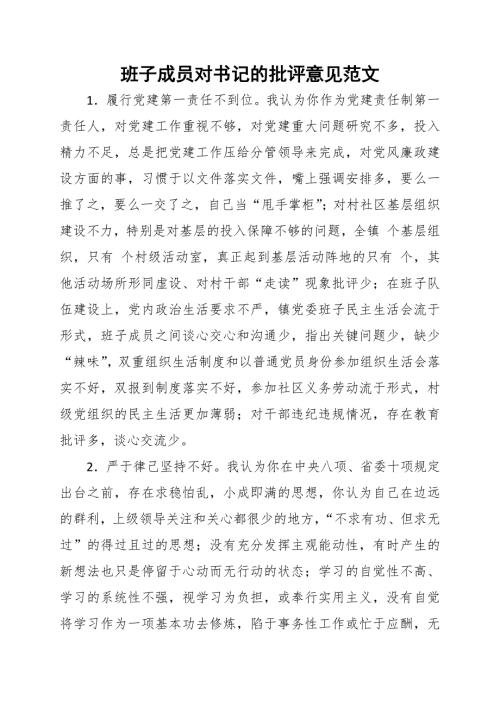 班子成员对书记的批评意见范文.docx