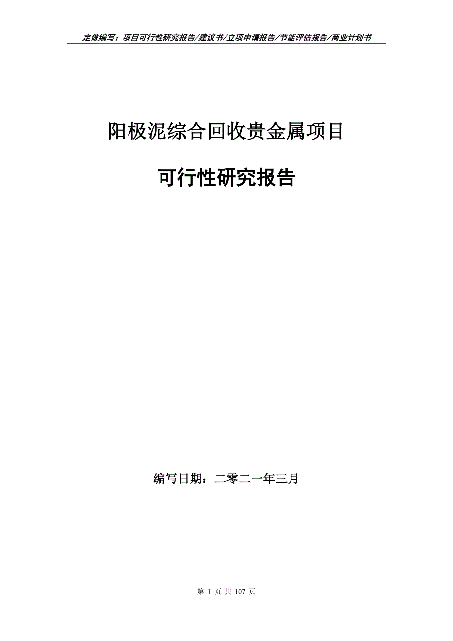 阳极泥综合回收贵金属项目可行性研究报告立项申请.doc_第1页