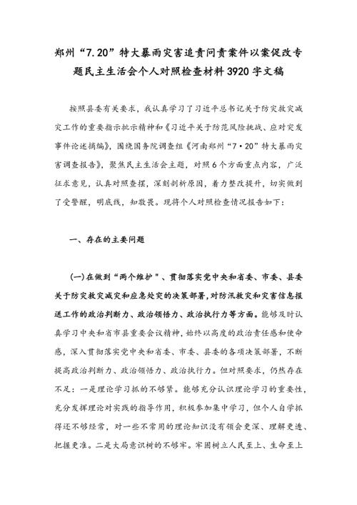 郑州7.20特大暴雨灾害追责问责案件以案促改专题民主生活会个人对照检查材料3920字文稿.docx