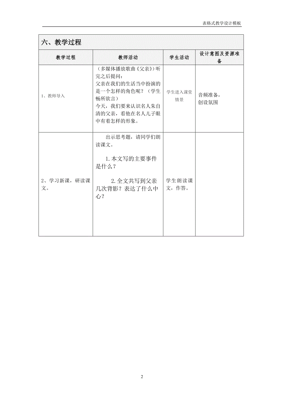背影表格式教学设计方案模板.doc_第2页