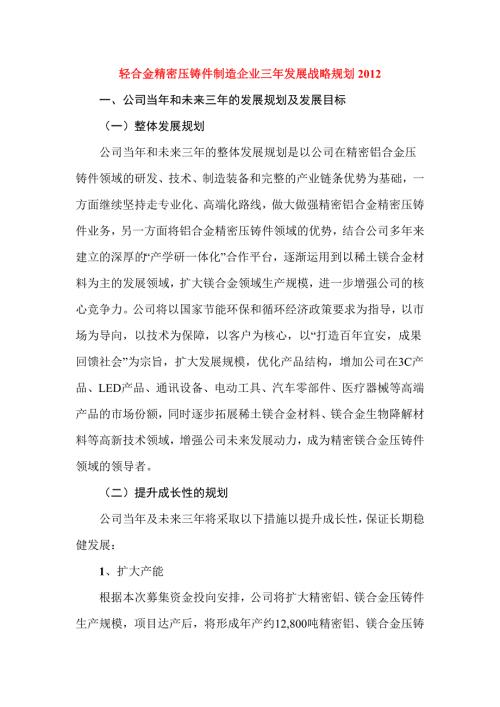 轻合金精密压铸件制造企业三年发展战略规划.doc