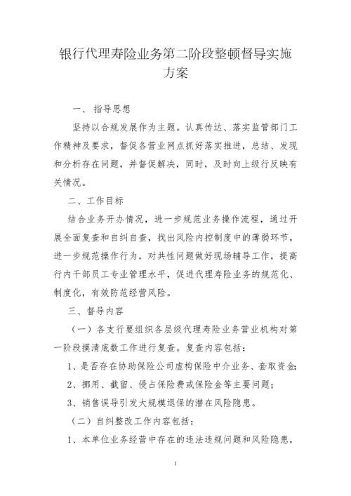 银行代理寿险业务第二阶段整顿督导实施方案.doc