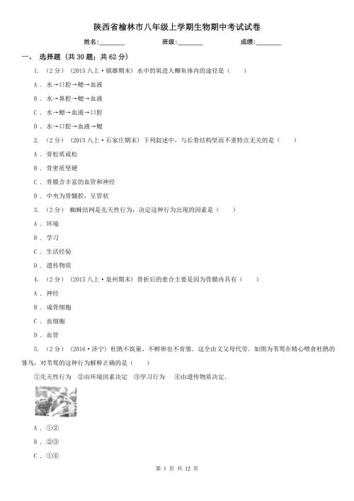 陕西省榆林市八年级上学期生物期中考试试卷.doc