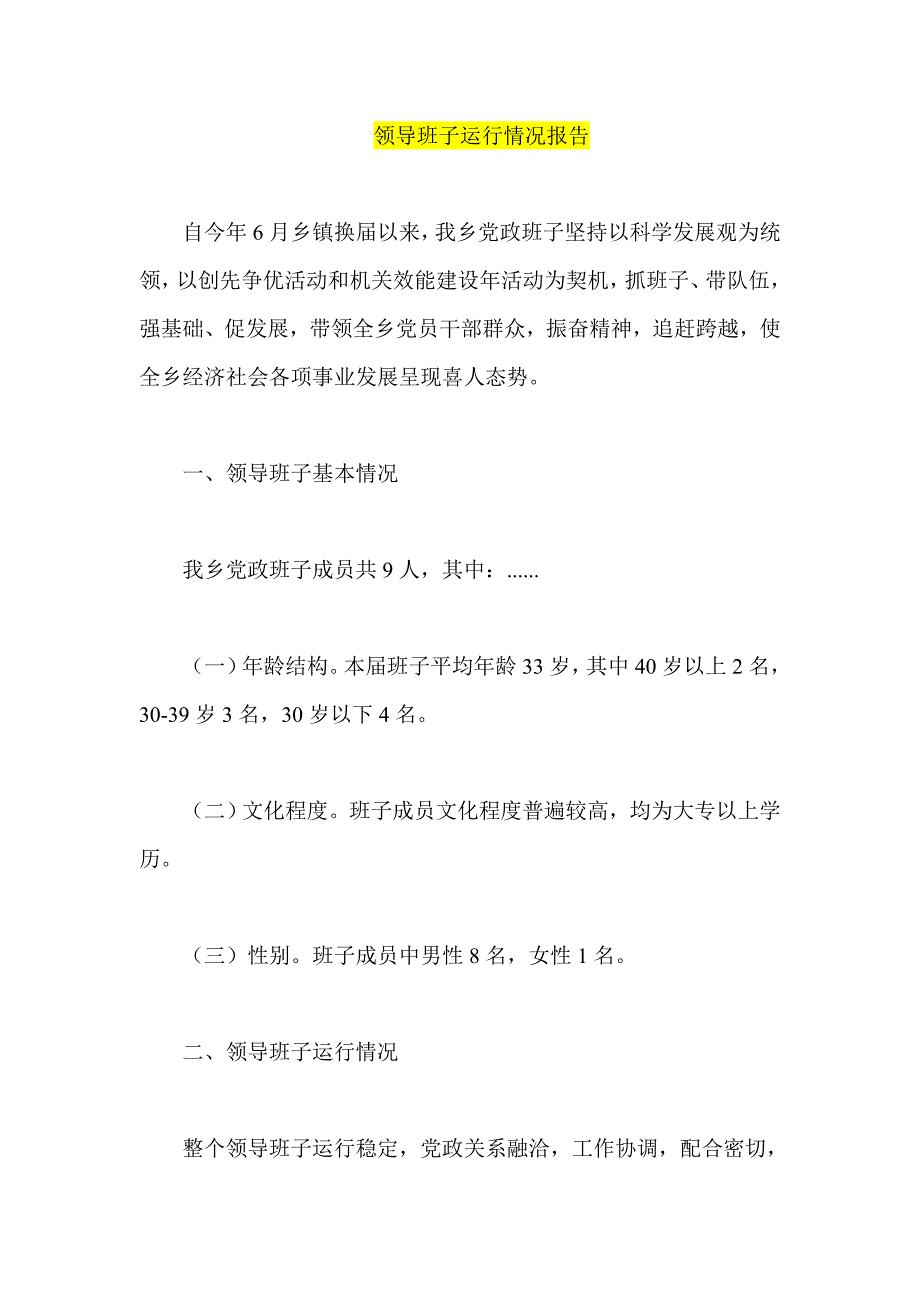 领导班子运行情况报告.doc_第1页