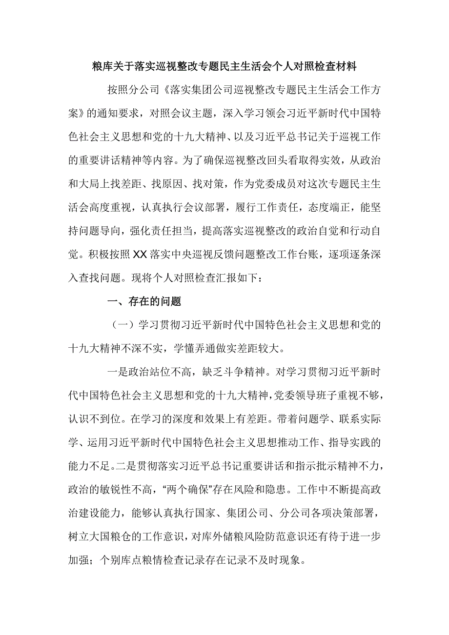 粮库关于落实巡视整改专题民主生活会个人对照检查材料.doc_第1页