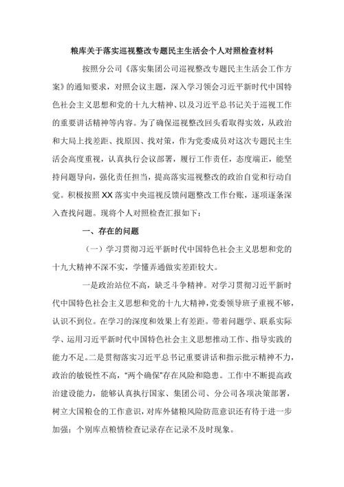 粮库关于落实巡视整改专题民主生活会个人对照检查材料.doc
